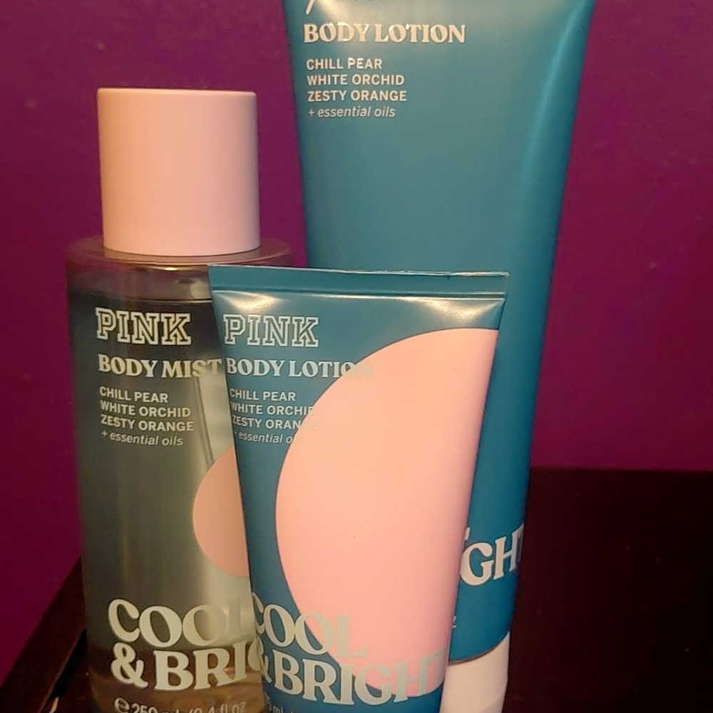 PINK Victoria's Secret Cool & Bright Body Mist and Lotion Set - Blue and Pink